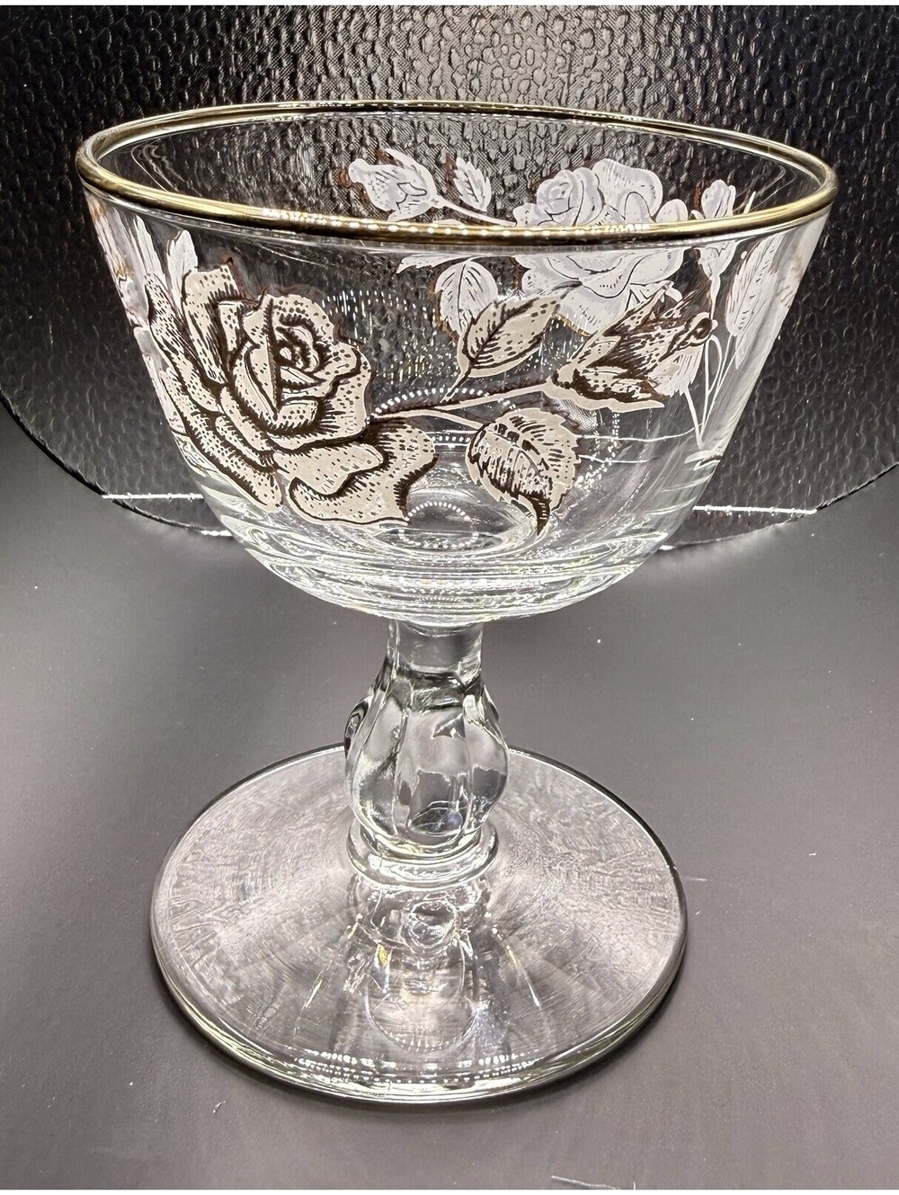Vintage Libby Rose Set of 8 Clear Champagne Coupe Glasses Etched Gold Rim Floral